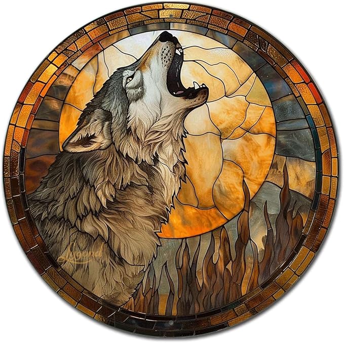 Lygond Metal Tin Sign - Circular Stained Glass Gray Wolf - 1212 Inches