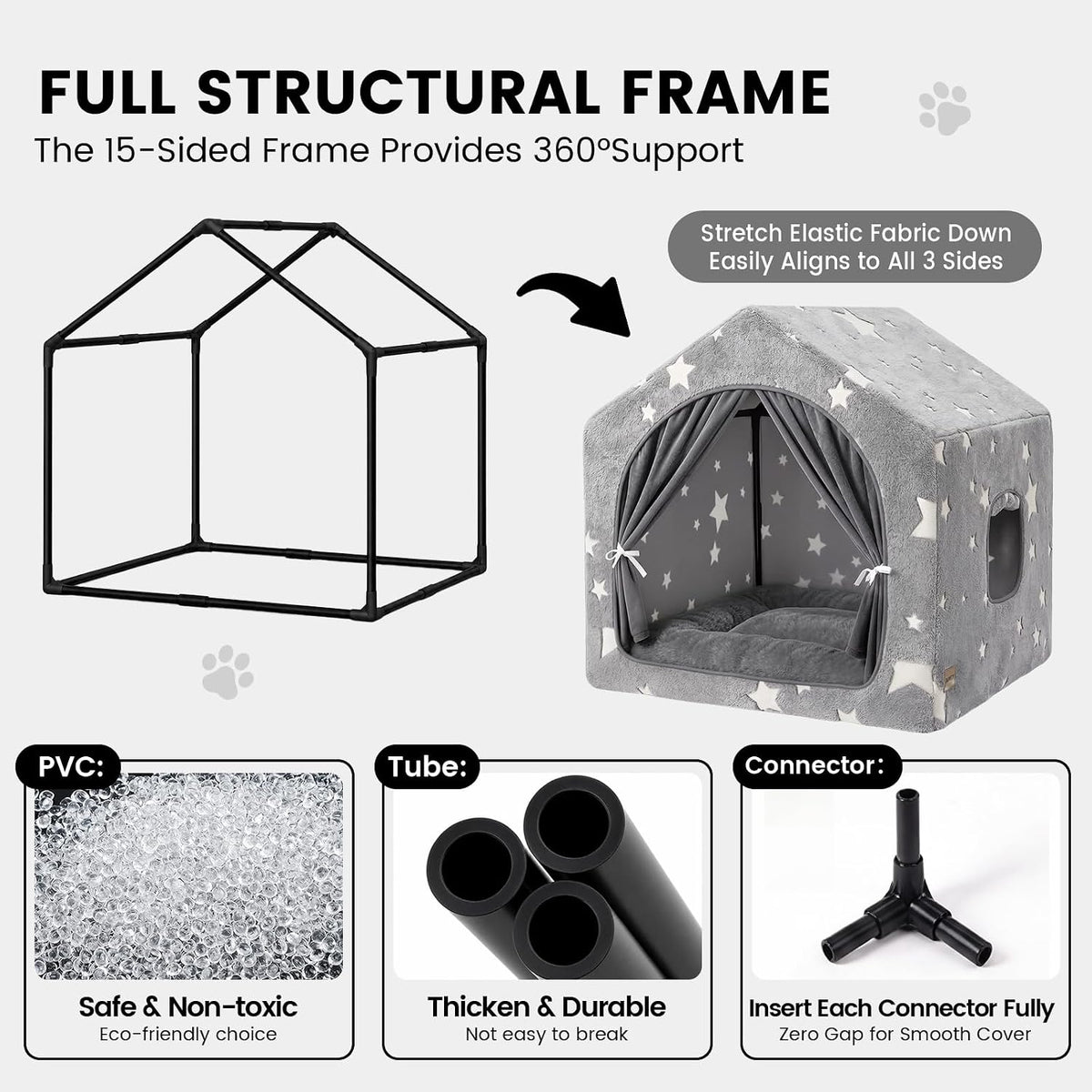 Indoor Dog House with Frame, Cute Dog Tent Bed with Cover Cave - Large ( 25" × 25" × 25" ) / Gray with flannel - image 4