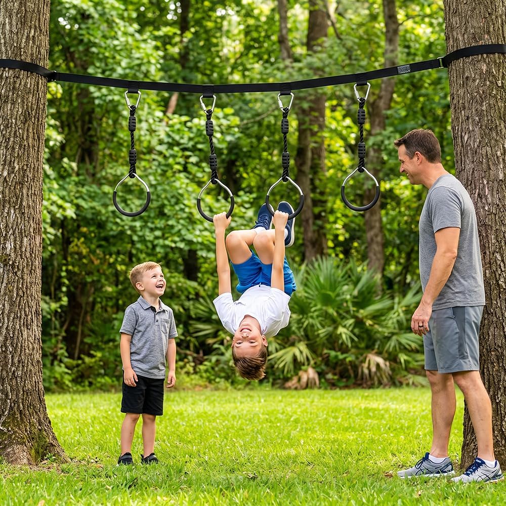 Swing Gymnastic Ring Warrior Obstacle Course Slackline Climb Trapeze - 4 Pack / Black - image 3
