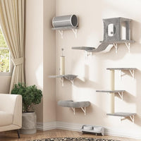 NUNU LAB 7-in-1 Wall Mounted Cat Climber Set, Cat Furniture Set with House, Tunnel, Bridge, Tree, Steps, Scratcher Board, Hammock, Luxury Wall Shelves for Indoor, Gray