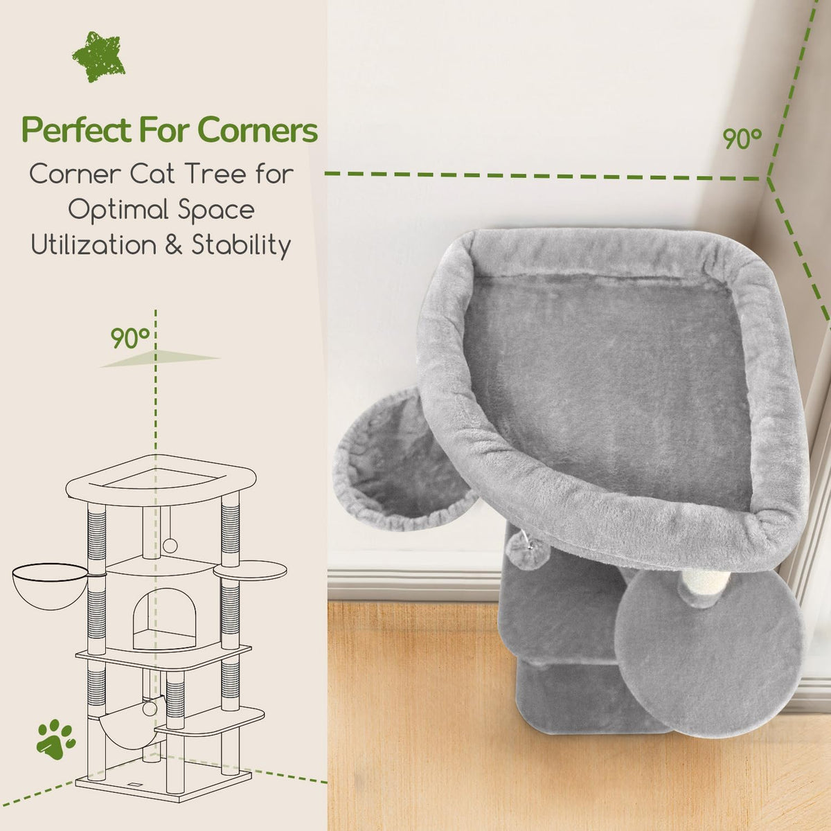 Globlazer Corner Stable Cat Tree Tower with Scratching Post, C51 - 51inch / Light Gray - image 2