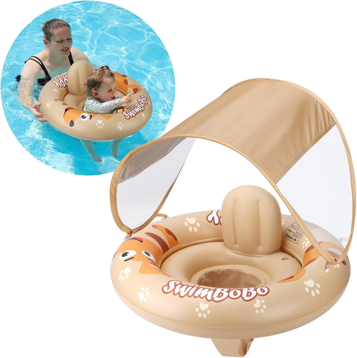 Swimbobo inflatable baby swim float with seat and canopy in beige dog design - view 2