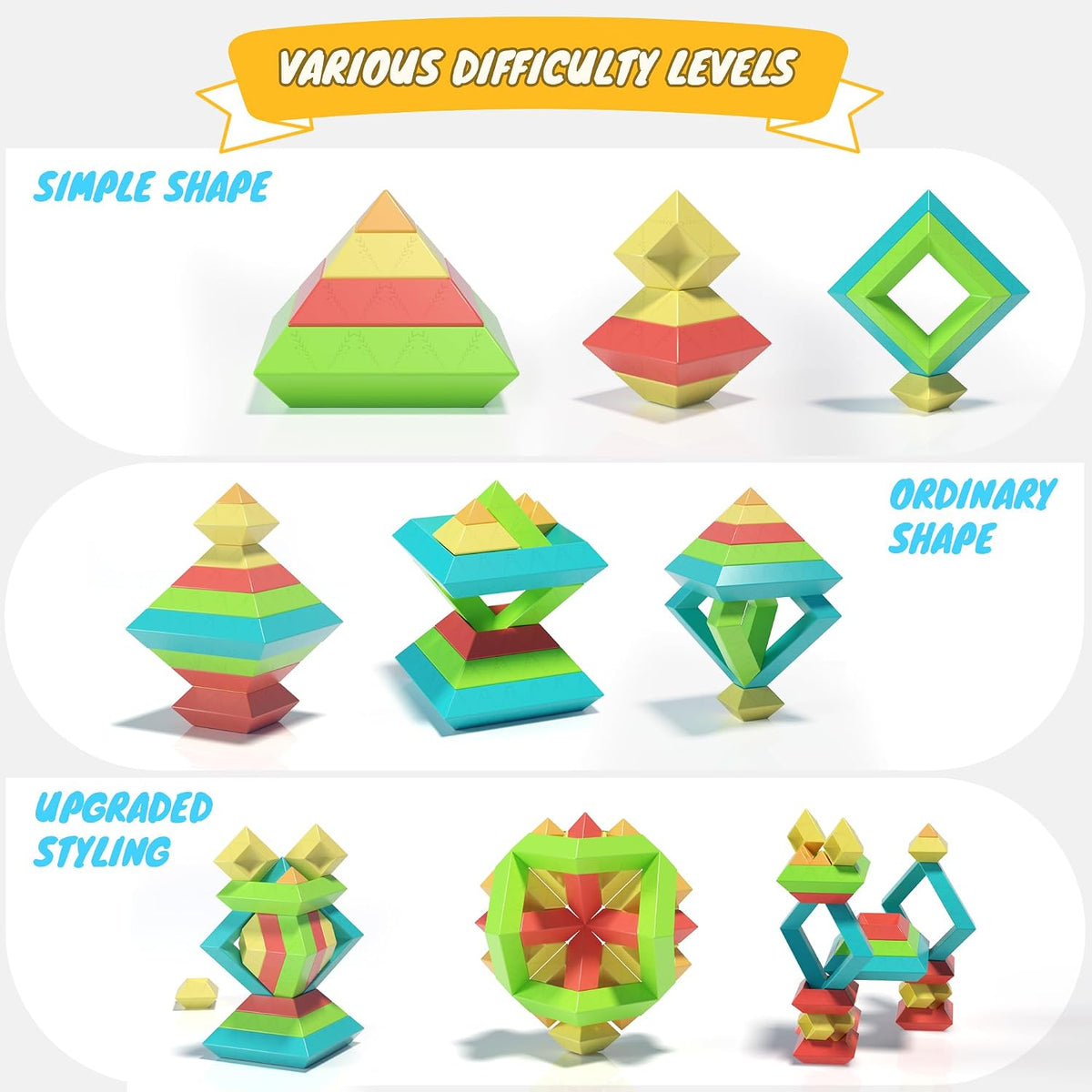 Ggiibro sorting stacking toys, 40 colorful pyramid blocks with storage box - view 5