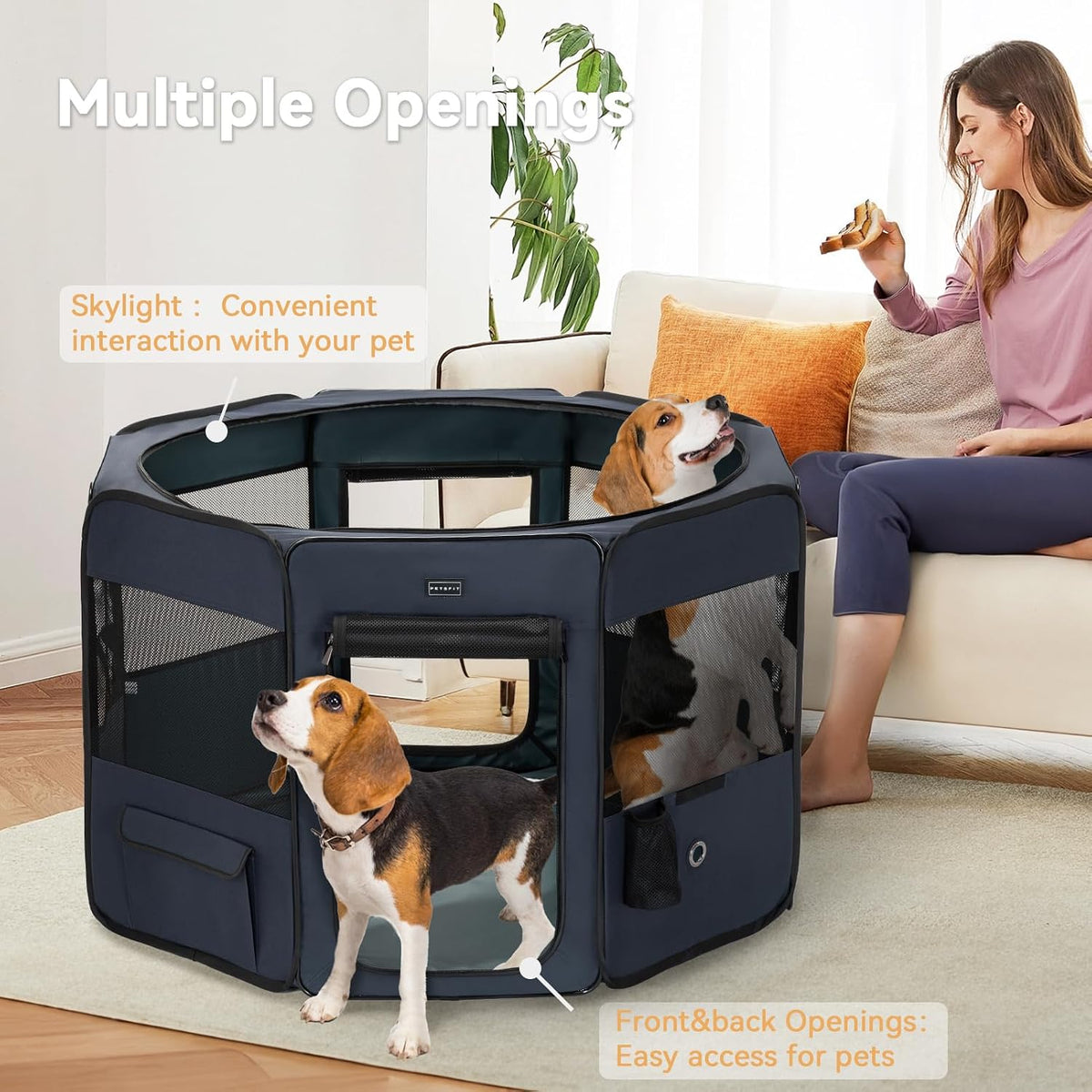 PETSFIT Portable Dog Playpen 36", Removable Waterproof Mat - Blue / Large (45.5"x45.5"x28.5", 2 Doors) - image 4