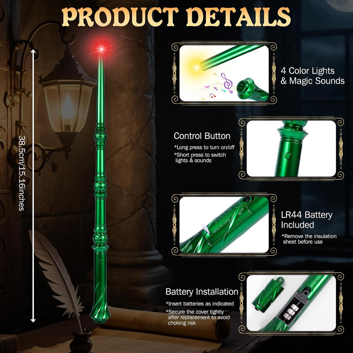 Light Up Magic Wizard Wand with Sounds & 4 Color Lights Illuminating - Green - image 2