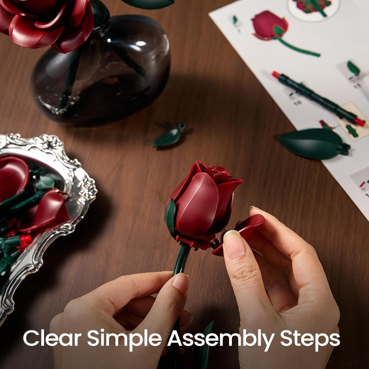 iATOM Black Roses Flower Building Set 3Pack Basket Stuffers Gift - Burgundy Red - image 4