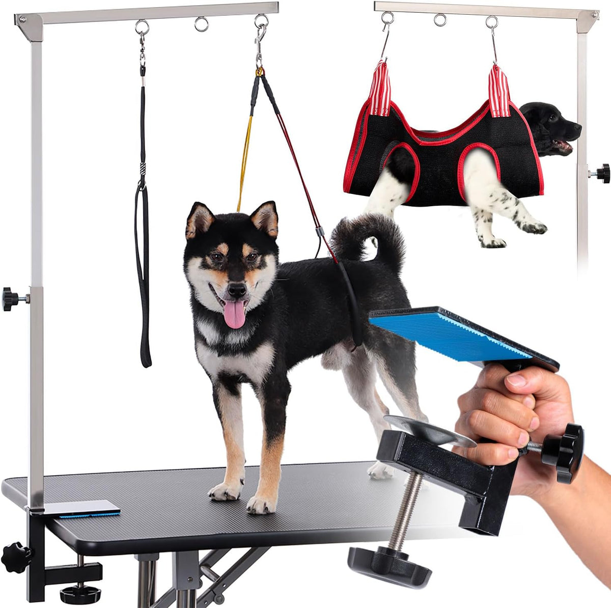 Dog Grooming Table Arm with Hammock, Adjustable Height - Stainless Steel
