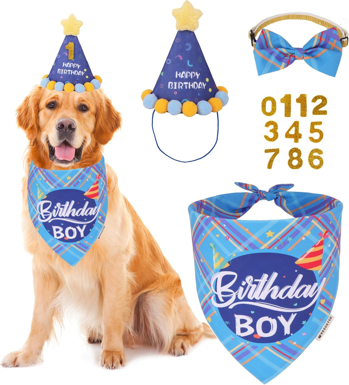 Dog Birthday Hat Bandana Set, Blue Plaid Boy Dog Bandana - X-Large / Sky Blue Boy