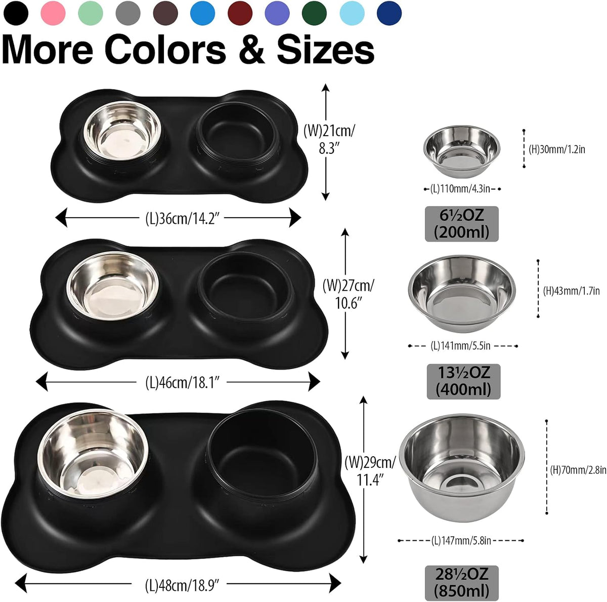 Dog Bowls 2 Stainless Steel Bowl for Pet Water and Food Feeder - 6½ oz ea / Black - image 3