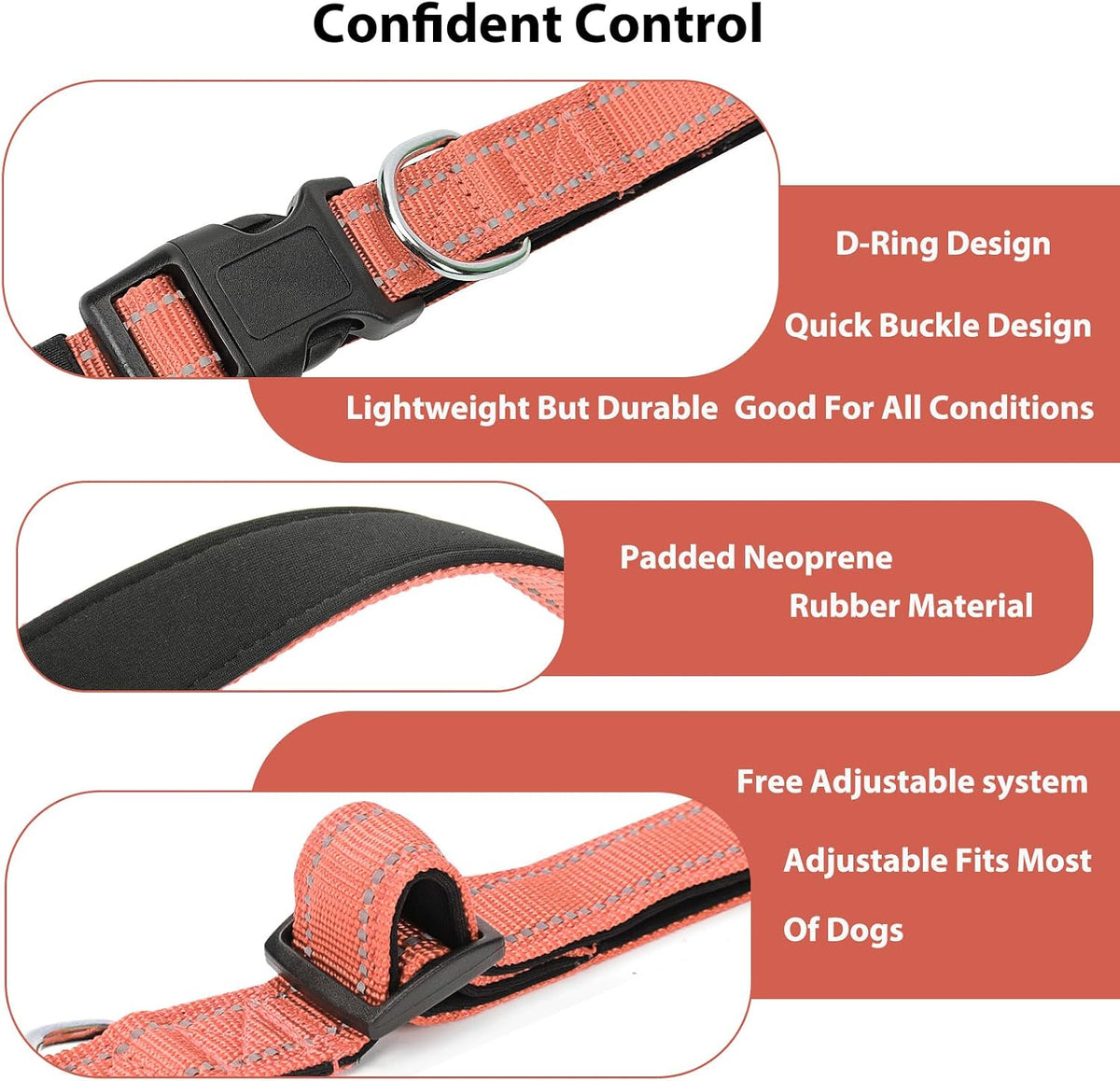 Reflective Dog Collar, Adjustable Nylon for Medium Dogs - Coral / XS:width 5/8"neck 8-10.5" - image 4