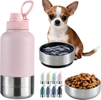 Insulated Dog Water Bottle 32oz Keep Water Cool with 2 Bowls – Essentials for Dogs - Blush Pink