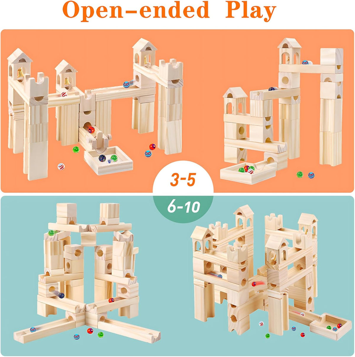 Migargle wooden marble run for kids, 80 piece pine track maze with glass marbles - view 3