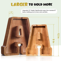 KMC wooden letter piggy bank, oak initial coin bank with clear plexiglass front - view 14