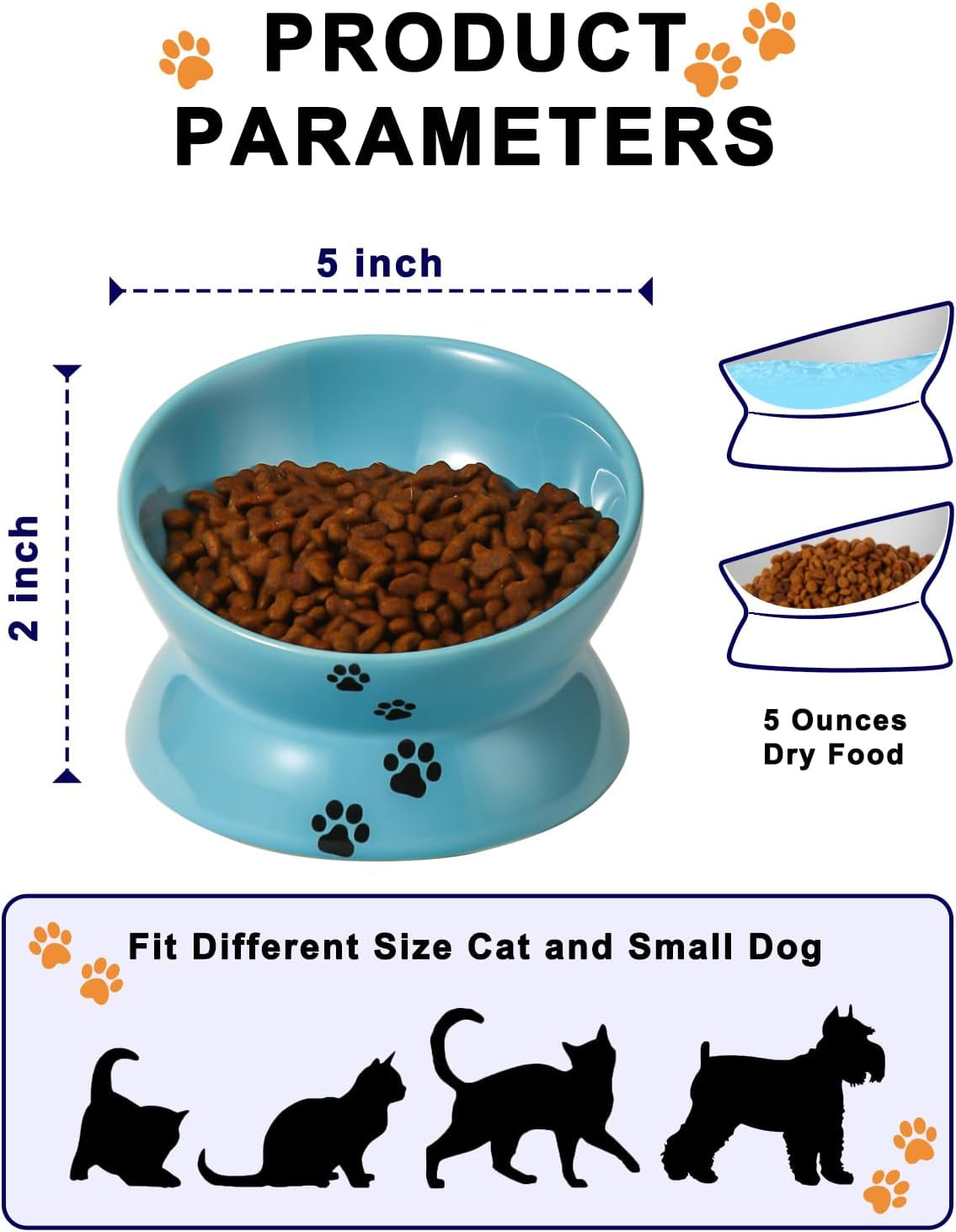 Elevated Cat Food Bowl, Ceramic Raised Cat Bowl, Tilt Angle Protect Cat'S Spine, anti Vomiting Cat Dish, Backflow Prevention, Lake Blue - BIG FRENCHIES