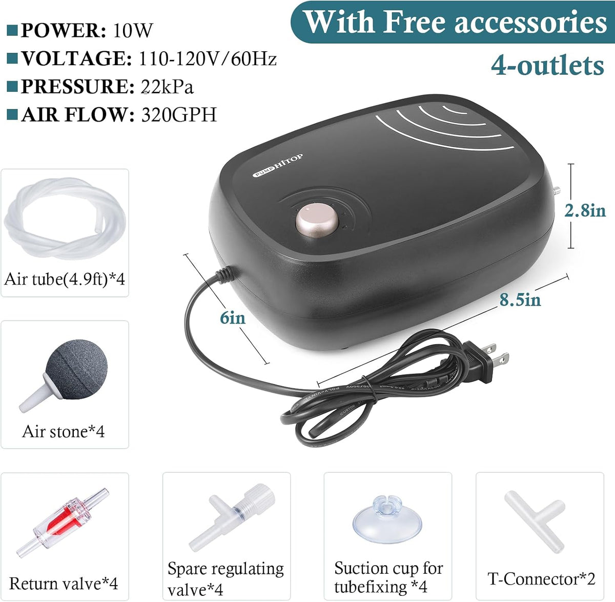 HITOP 10W Powerful Aquarium Air Pump: 4-Outlets 320GPH Air Pump - image 2