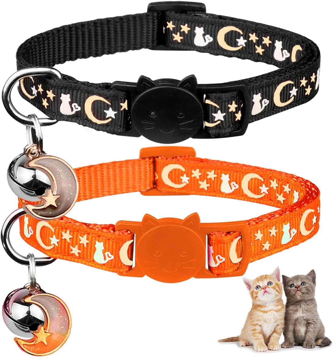 Baeuppit 2PCS Breakaway Cat Collars with Bell Moons Stars Cute Kitty - Neck 6.9-10.7 in / Orange&Black