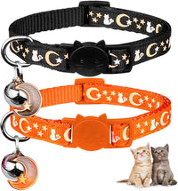 Baeuppit 2PCS Breakaway Cat Collars with Bell Moons Stars Cute Kitty - Neck 6.9-10.7 in / Orange&Black