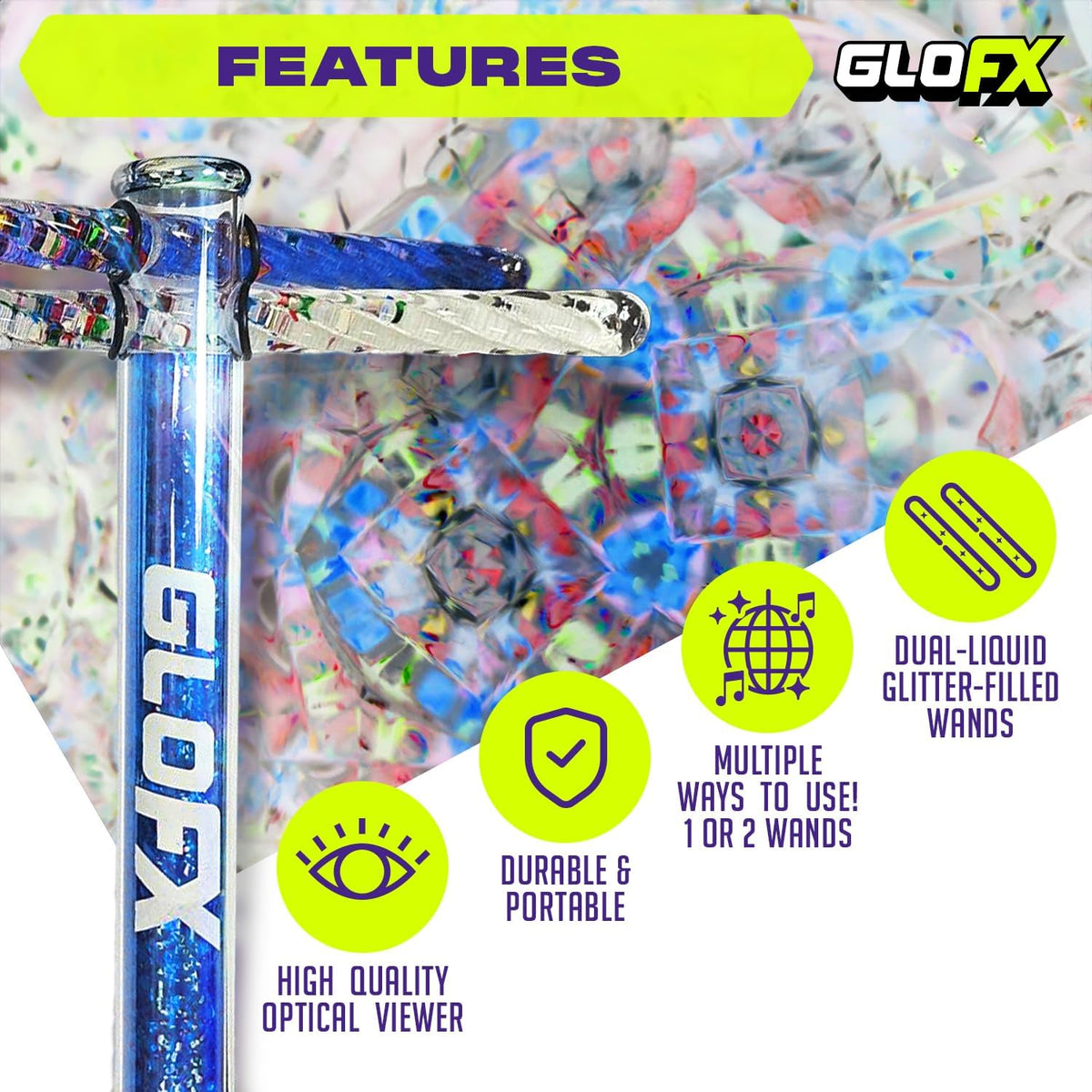GloFX blue Liquid X kaleidoscope tube with blue and white glitter Vision Wands - view 7
