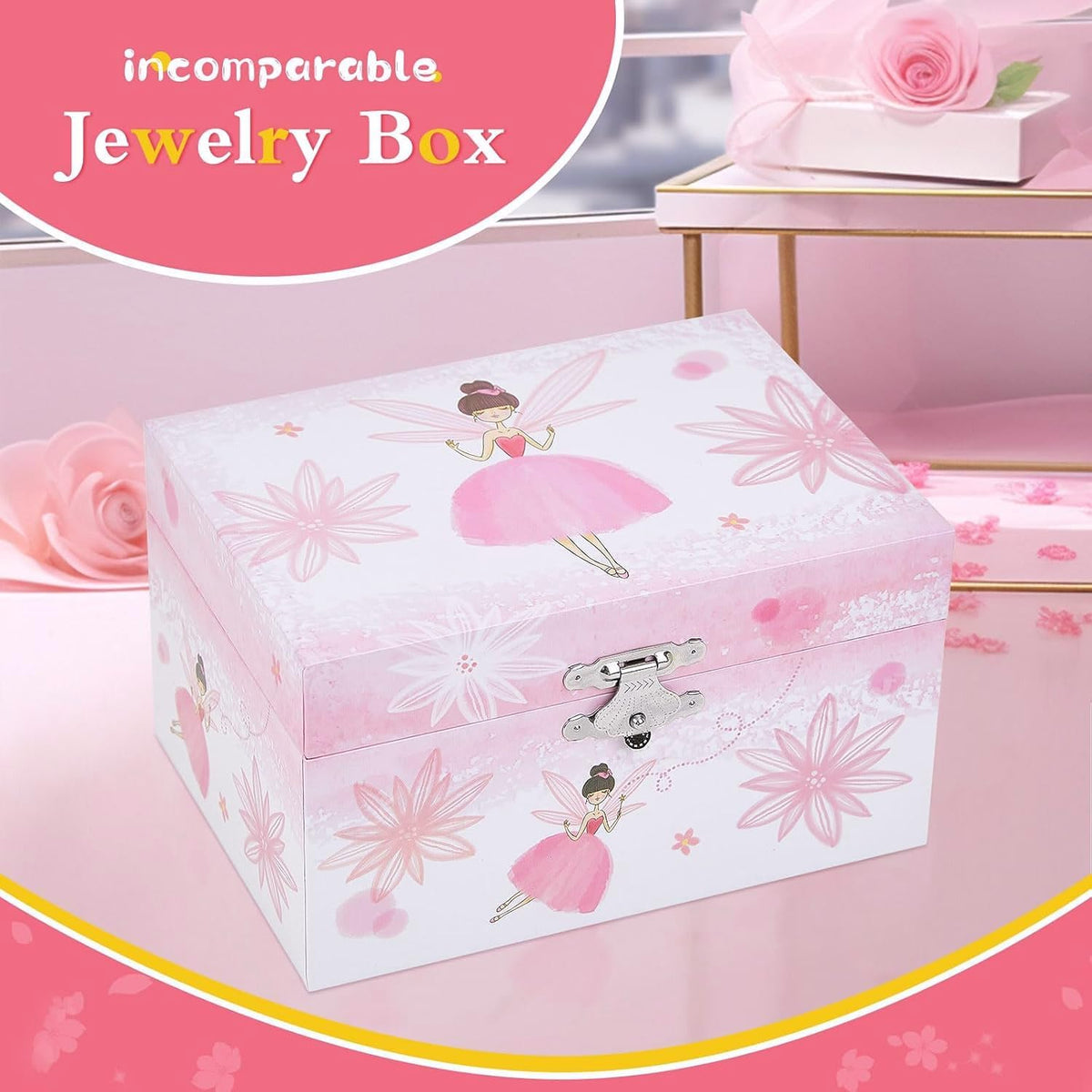 Girl's Gift Music Box with Spinning Ballerina - Pink flower fairy design - image 4