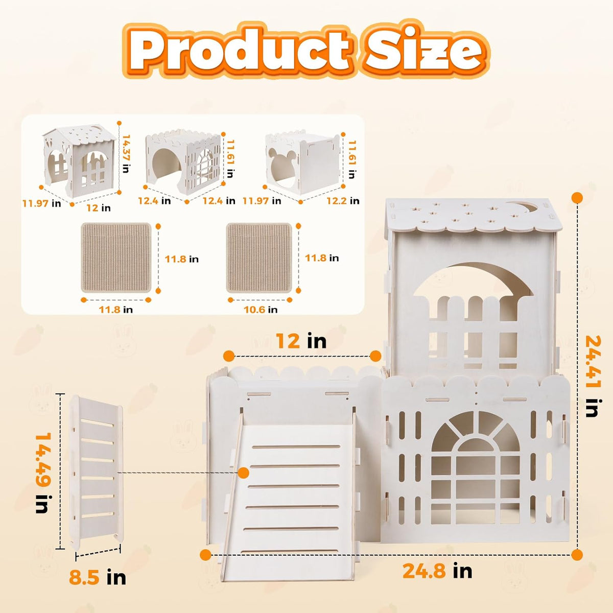 Large Rabbit House, Wooden Bunny Castle with 3 Houses Indoor - 3 Houses with 2 mats - image 3