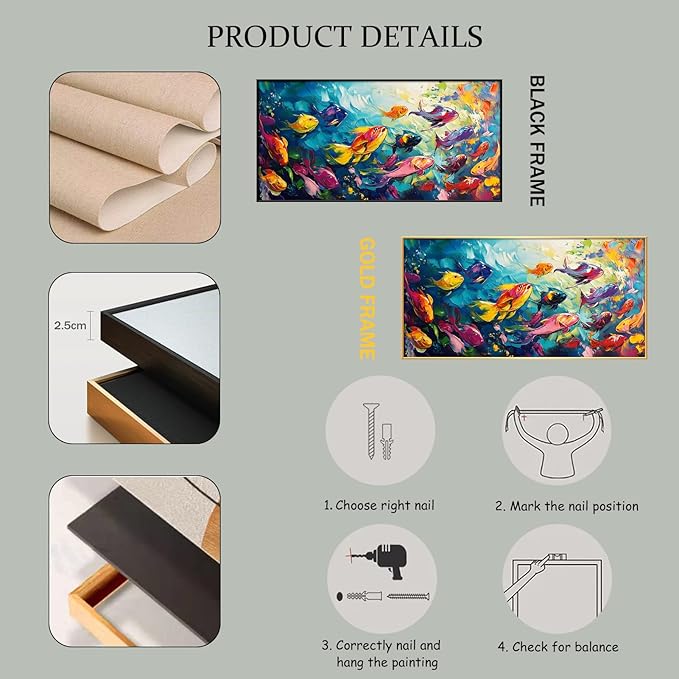 School of Fish Printed Canvas Wall Art – Framed Abstract Ocean Print – Vibrant Fish Wall Decor for Living Room, Bedroom, Office (Gold Framed, 39"x19"|100x50cm)