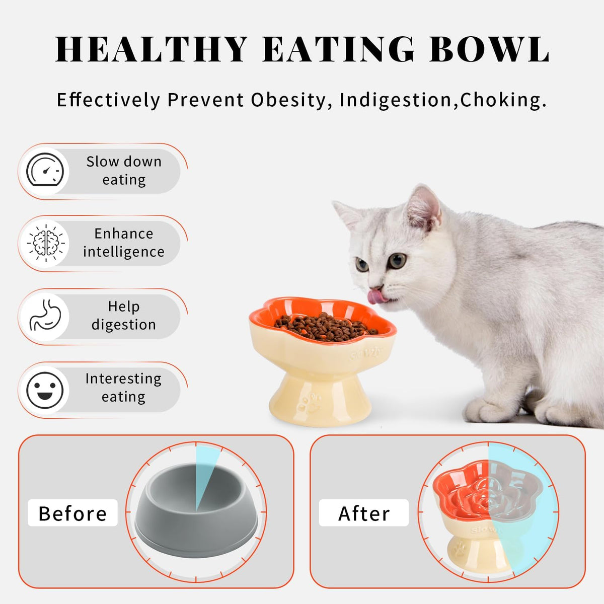 S&Q's CERAMICS Raised Slow Feeder Cat Bowl - 5.8" / Orange - image 3