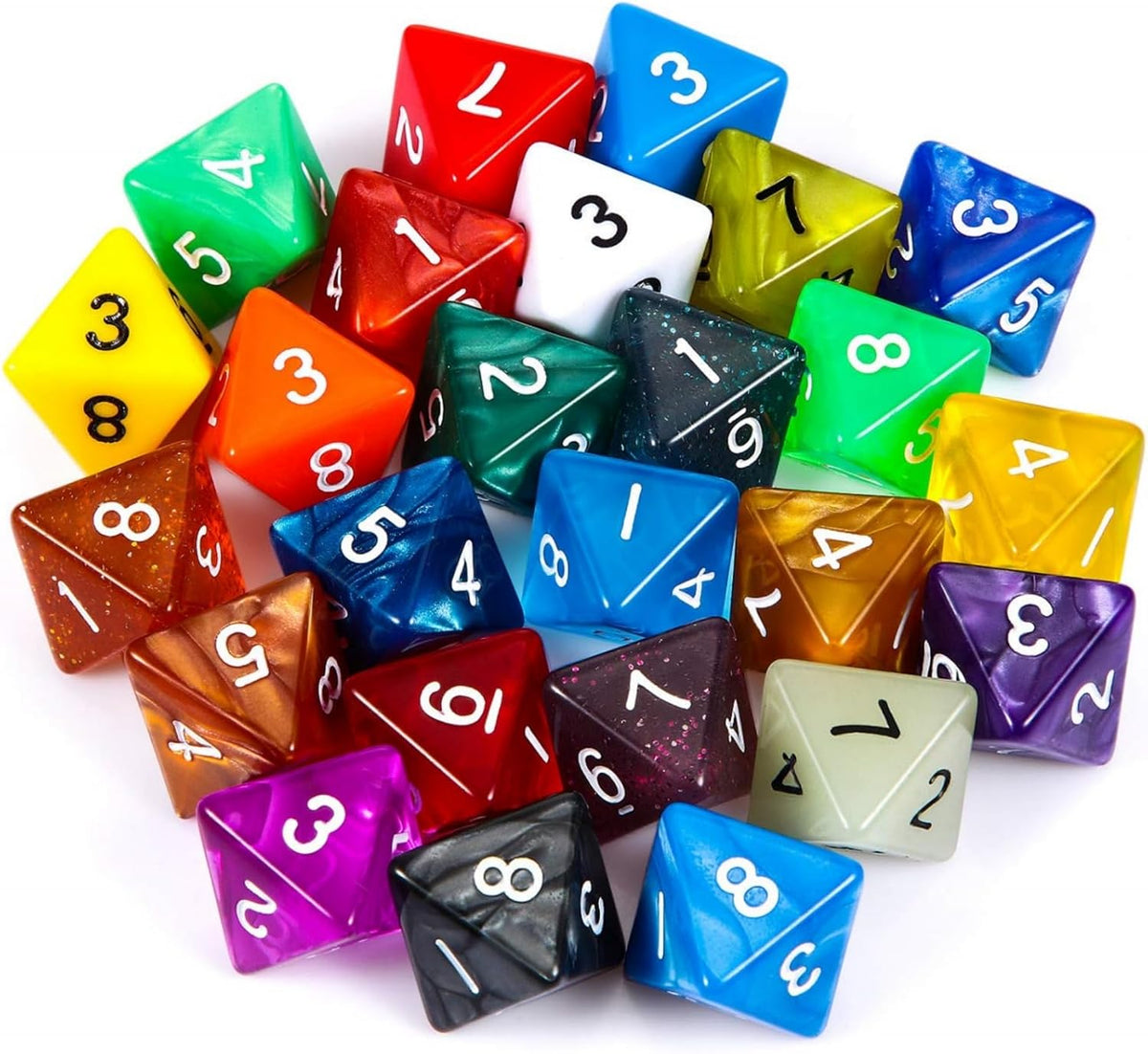 TecUnite 25 Pcs Polyhedral Dice Set, Transparent Mixed Color - Transparent and Dots / 8 Sides