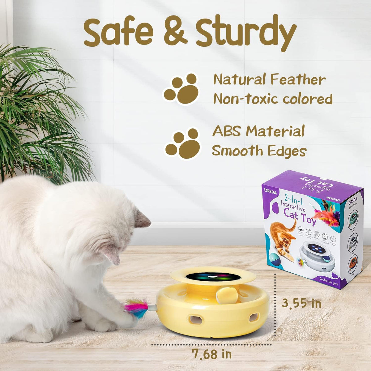 ORSDA 2in1 Interactive Toys for Indoor Cats, Timer Auto On/Off - Butter Yellow - image 3