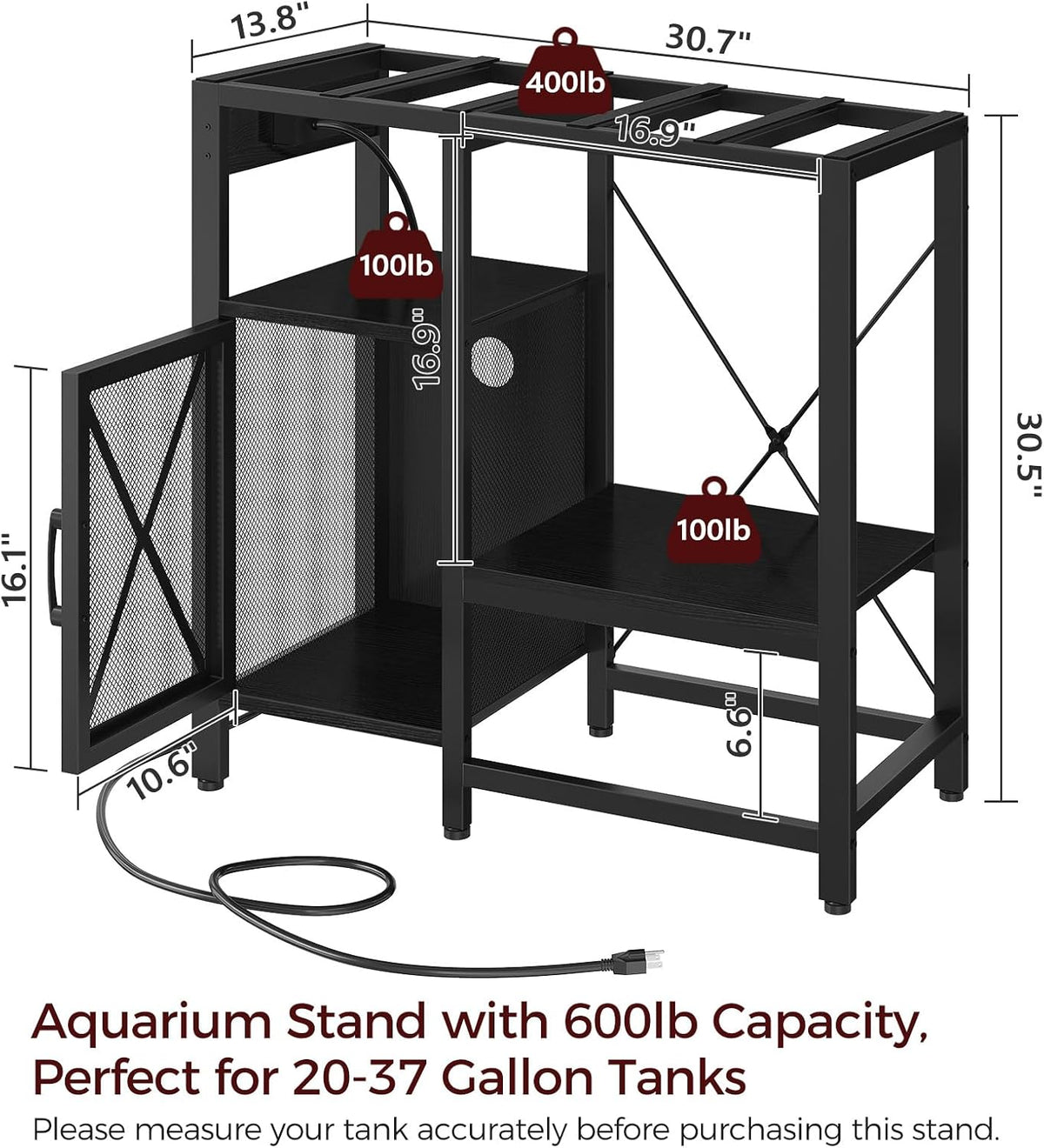 MAHANCRIS 40-50 Gallon Fish Tank Stand with Power Outlet and Storage – Essentials for Fish - Black / 20-37 Gallon - image 2