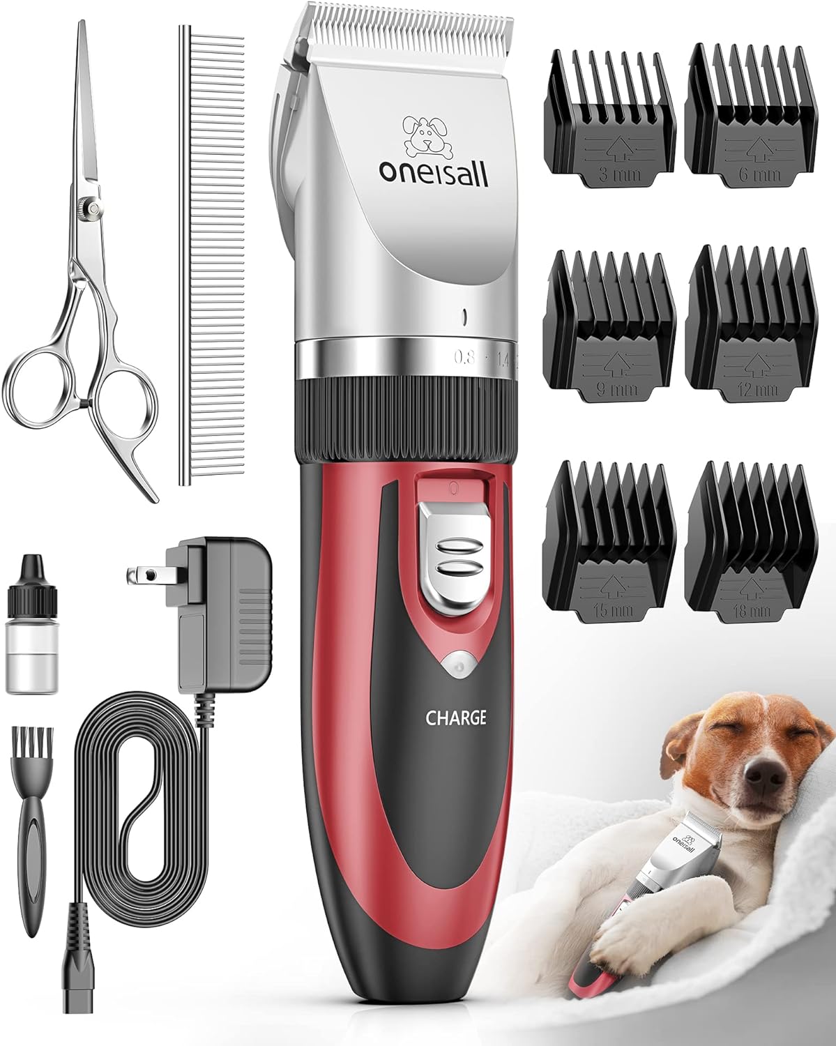 oneisall Dog Clippers Low Noise Grooming Kit for Dogs Cats Pets – Essentials for Dogs - Red