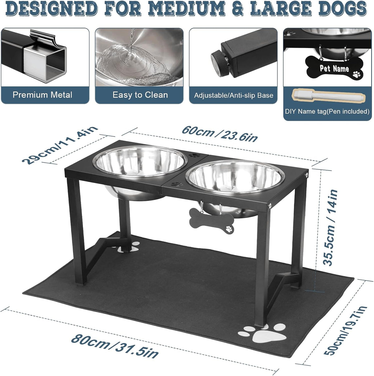 Elevated Dog Bowls, Metal Raised Dog Bowl Stand with 2 Thick 58oz Stainless Steel Food Bowls - Black-111oz x 2 / Height: 14" - image 3