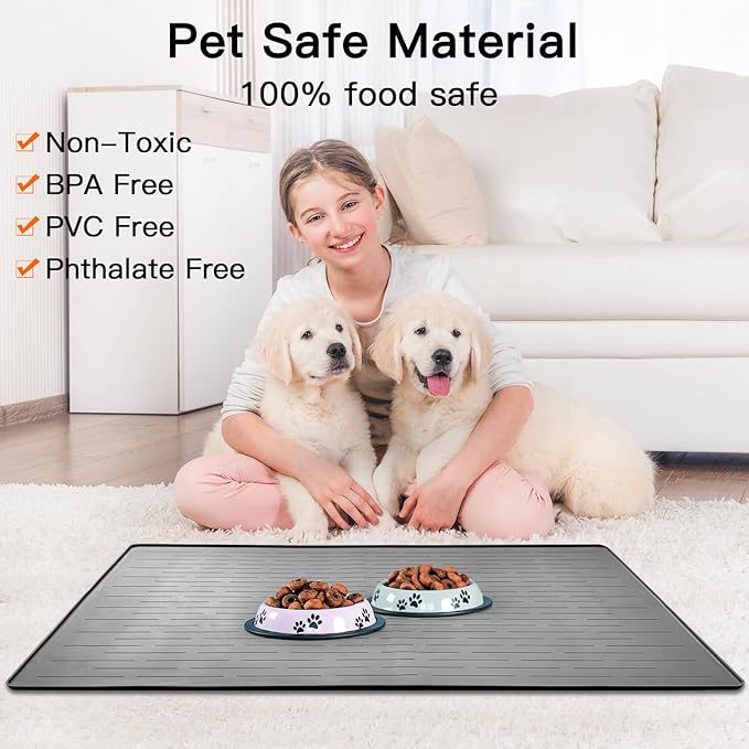 32" x 24" Large Pet Food Mat, Silicone Dog Mats for Food and Water, Nonslip Pet Feeding Mats for Floors,Dog Cat Bowl Mat with Raised Edges, Gray Green