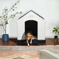 LEMBERI Durable Waterproof Plastic Dog House for Small to Large Sized Dogs, Indoor Outdoor Doghouse Insulated Puppy Shelter with Elevated Floor, Easy to Assemble (Gray, 34''L*31''W*32''H)