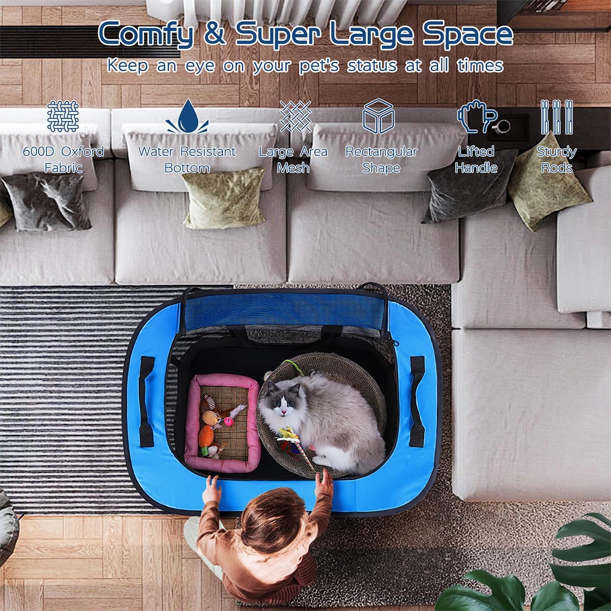 ROMANTIC BEAR Dog Playpen, Foldable Pet Puppy Cat Playpen, L - Blue / Large(40"x32"x24") - image 2