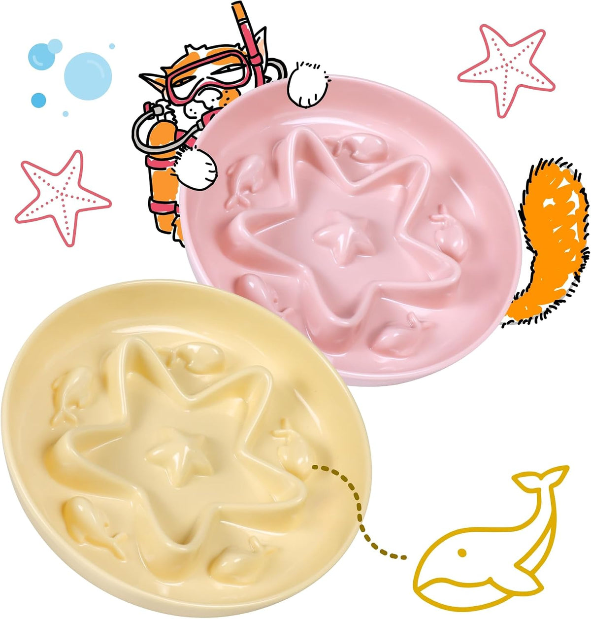 2 Pcs Cat Slow Feeder Bowl - Buttercream + Coral Pink / 6.2''