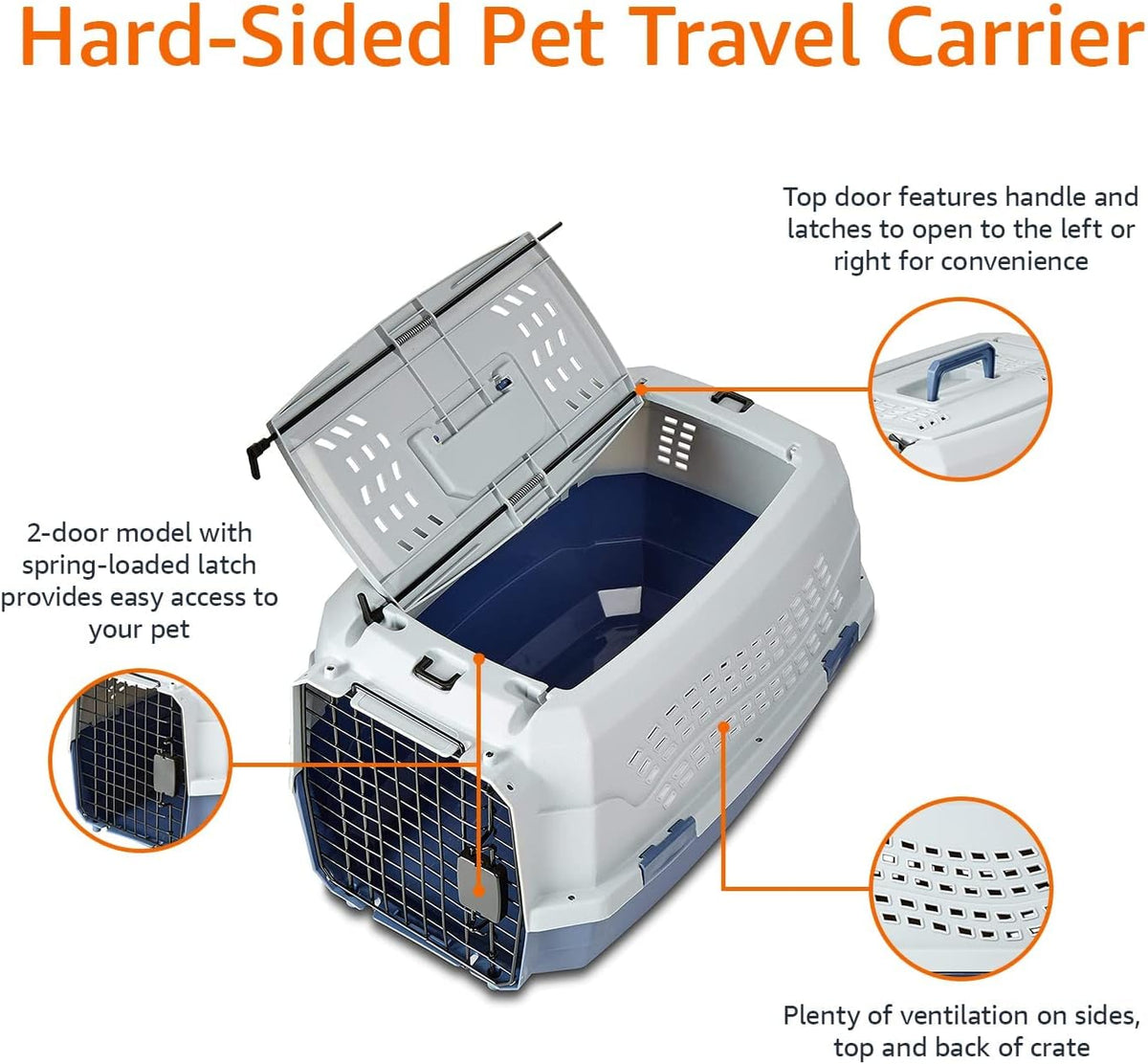 Amazon Basics Sturdy Portable 2-Door Top-Load Hard-Sided Pet Travel - Gray & Blue / 22.8"L x 15.0"W x 13.0"H - image 4