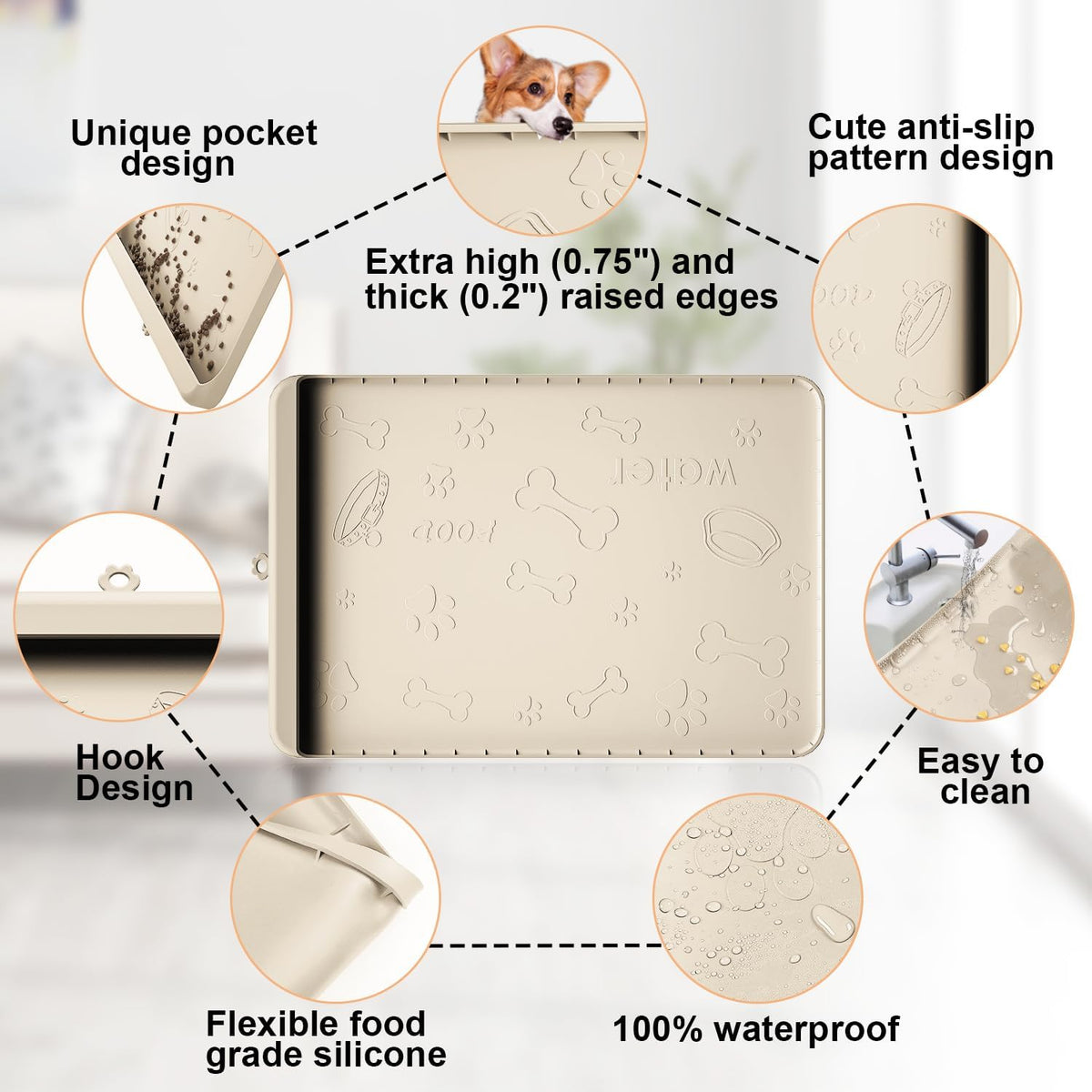 Dog Food Mat 36"x24" - Silicone Dog Mat for Food and Water Large Pet Feeding Mats with Residue - Sand / 36"L x 24"W - image 4