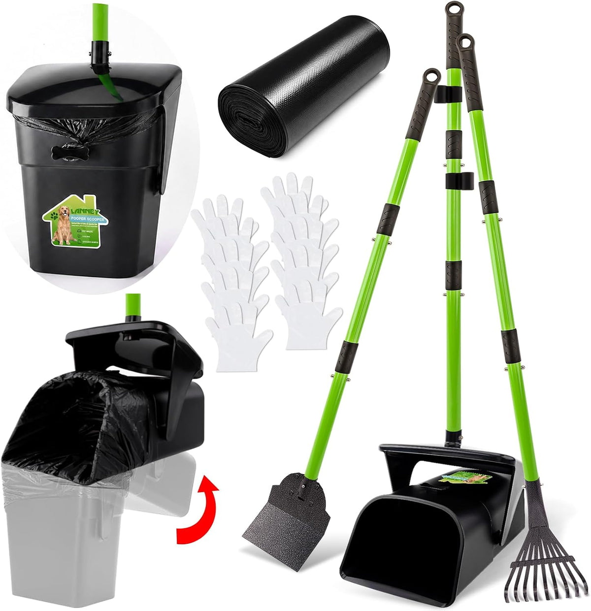 Pooper Scooper - 38" Long Adjustable Metal Handle Dog Pooper Scooper Swivel Bin & Rake & Spade
