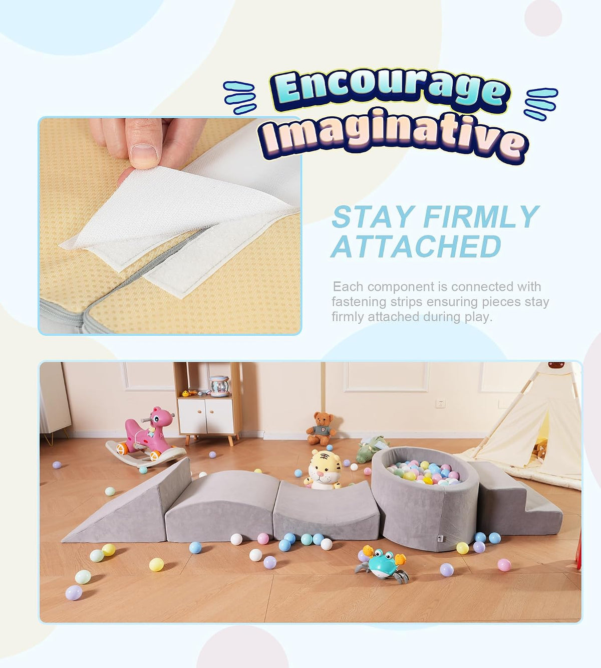 Elftopia foam climbing blocks with ball pit, stair climber and triangle wedge in beige - view 13