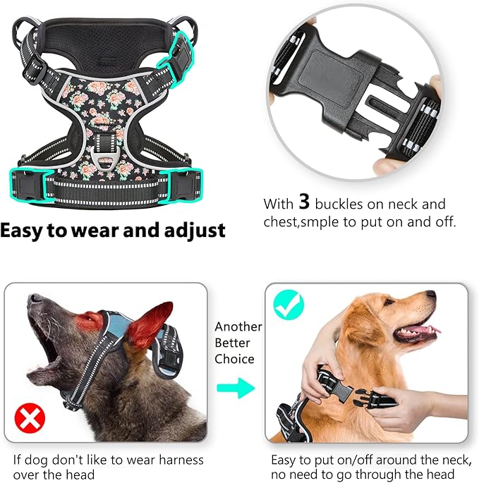 Timos Dog Harness, No-Pull Pet Harness with 2 Leash Clips, Adjustable Soft Padded Dog Vest, Reflective Outdoor Pet Oxford Vest with Easy Control Handle