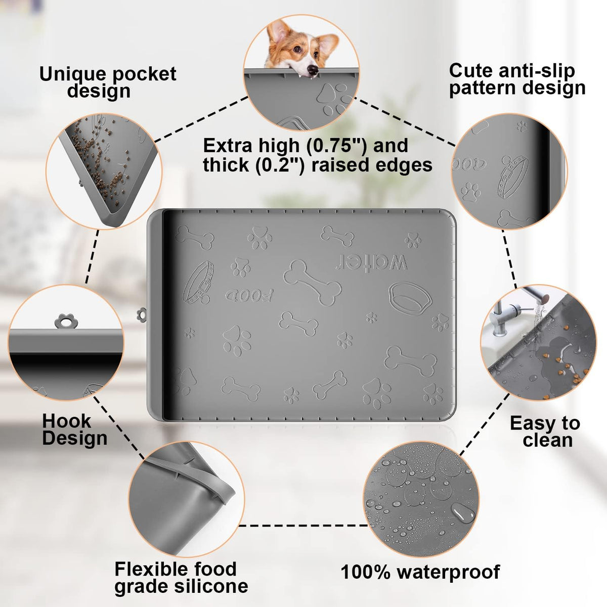 Dog Food Mat 36"x24" - Silicone Dog Mat for Food and Water Large Pet Feeding Mats with Residue - Gray / 36"L x 24"W - image 4