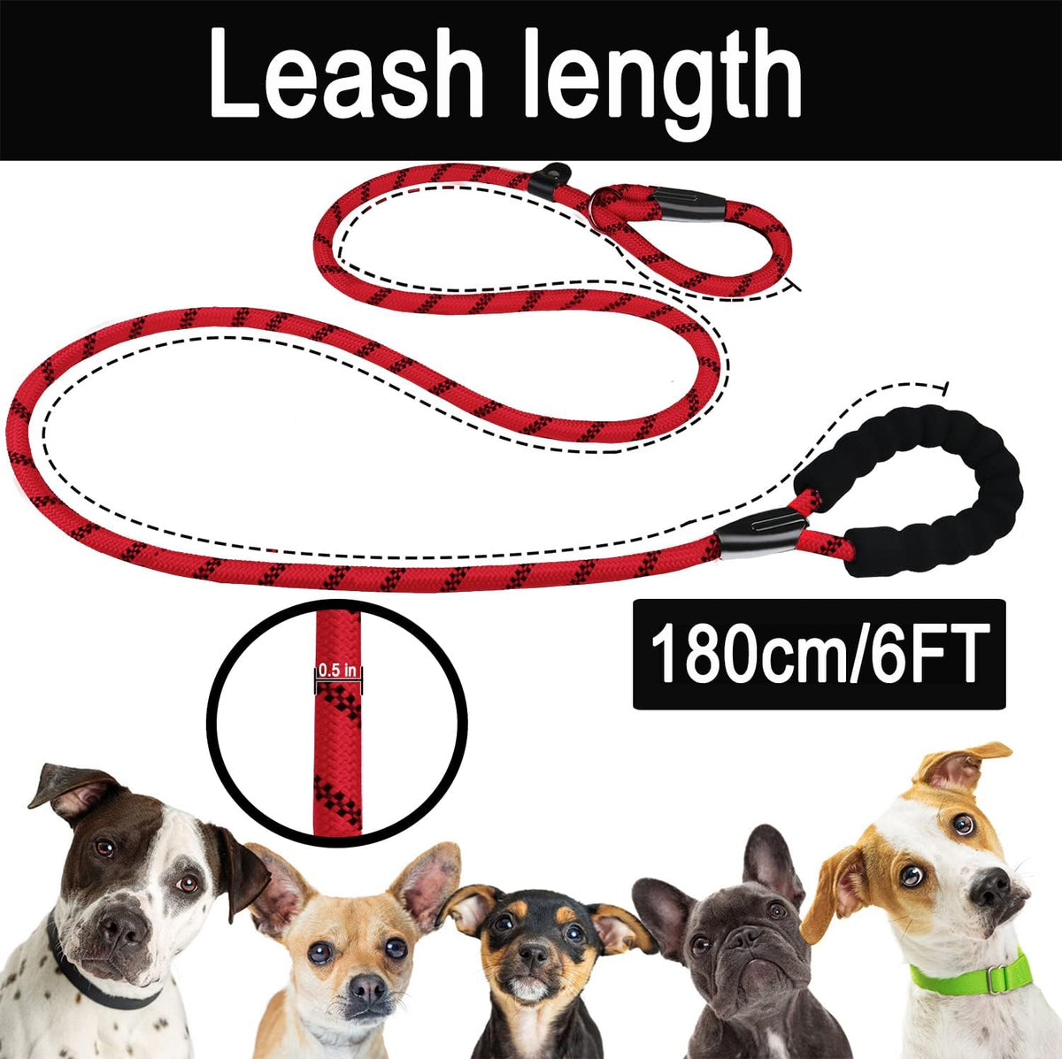Dog Leash, 6 FT Heavy Duty Dog Leashes with Comfortable Padded Handle,Black – Essentials for Dogs - Red / 6 Feet x 1/2 Inch - image 2