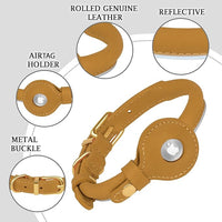 OOPSDOGGY Rolled Leather Dog Collar with Airtag Holder - Reflective Round Airtag Dog Collar - Soft Tracking Pet Collar for Small Dogs Puppy Cats Kitten (Camel, XL, 17"-21")