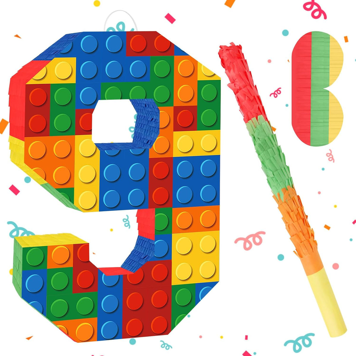 Lemicin 15.75 inch blue pinata stick kit with blindfold, rope and confetti - view 6