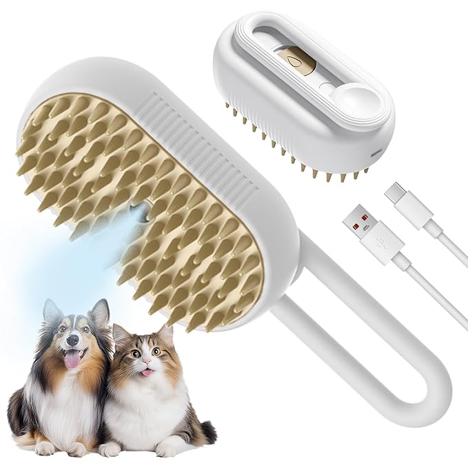 LunaSync Cat Steam Brush for Shedding, 4 in 1 Rechargeable Pet Grooming Brush for Cats and Dogs, Anti-Static Deshedding Tool with Massage & Cleaning, Comb for Long Short Hair - White