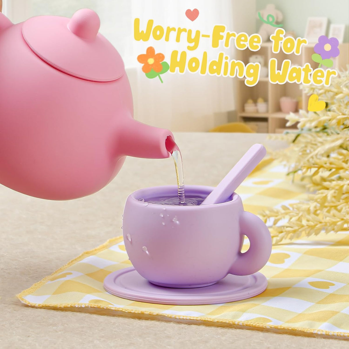 Golray 22-piece silicone tea set for toddlers with teapot, cups, desserts and storage box - view 4