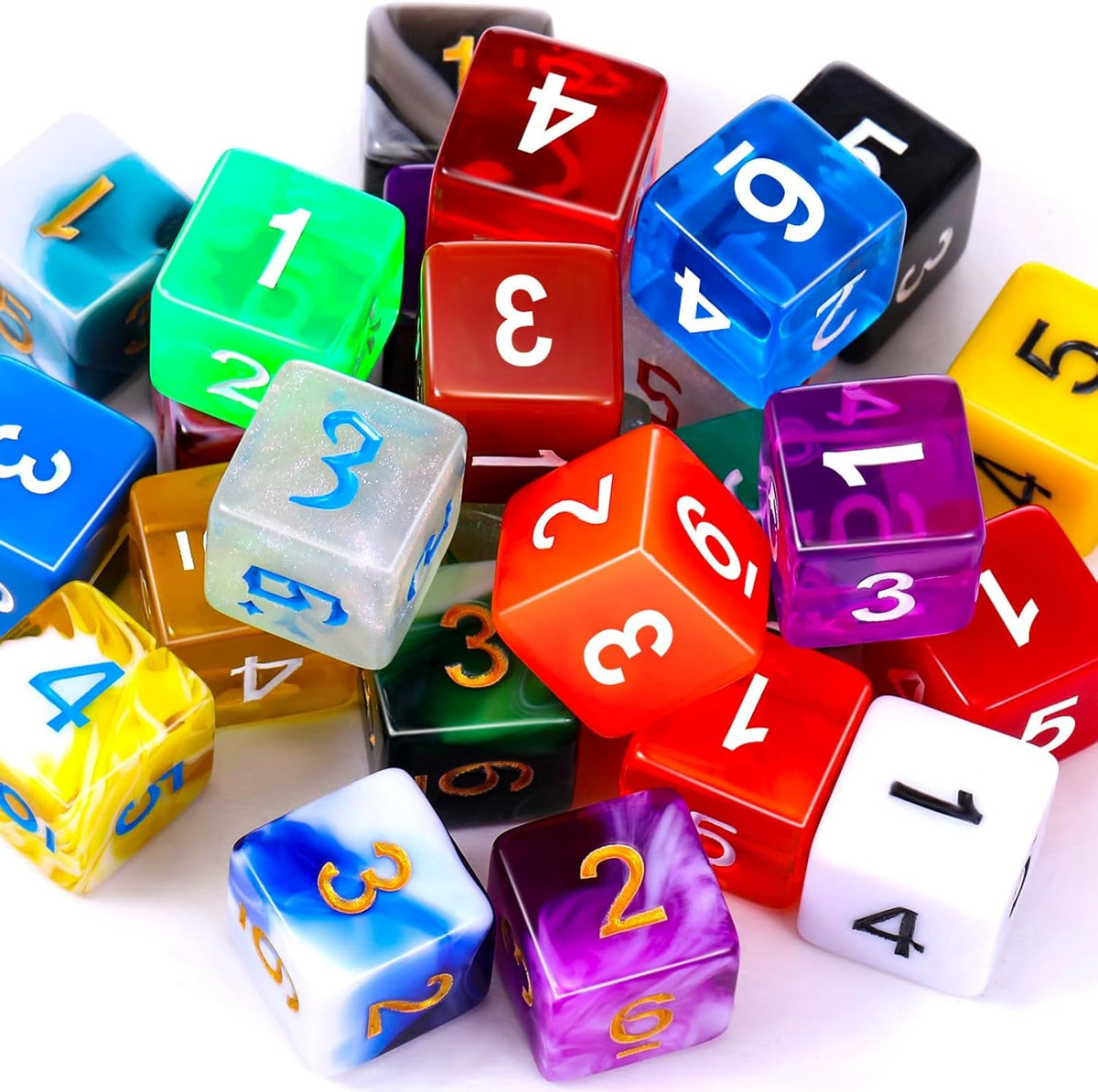 TecUnite 25 Pcs Polyhedral Dice Set, Transparent Mixed Color - Mix Color / 6 Sides