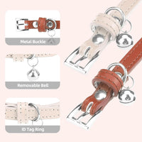 PUPTECK 2 PCS Soft Genuine Leather Cat Kitten Collar with Bells - Cream & Brown - image 3