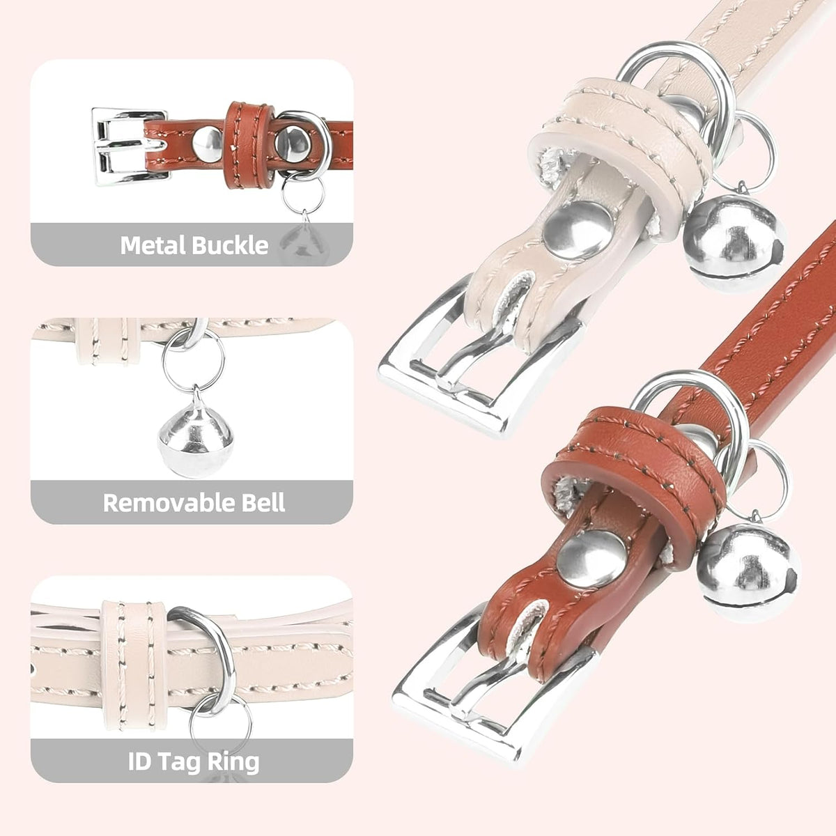 PUPTECK 2 PCS Soft Genuine Leather Cat Kitten Collar with Bells - Cream & Brown - image 3