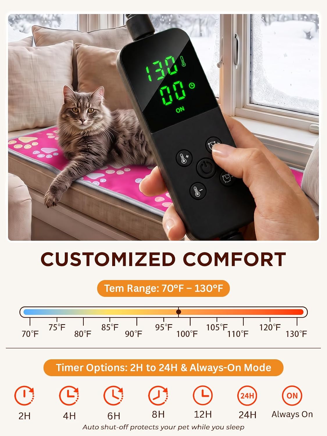 furrybaby Pet Heating Pad for Cats & Dogs, Waterproof Heated Bed - Temp adjustable / 18 X 18in / Pink - image 2